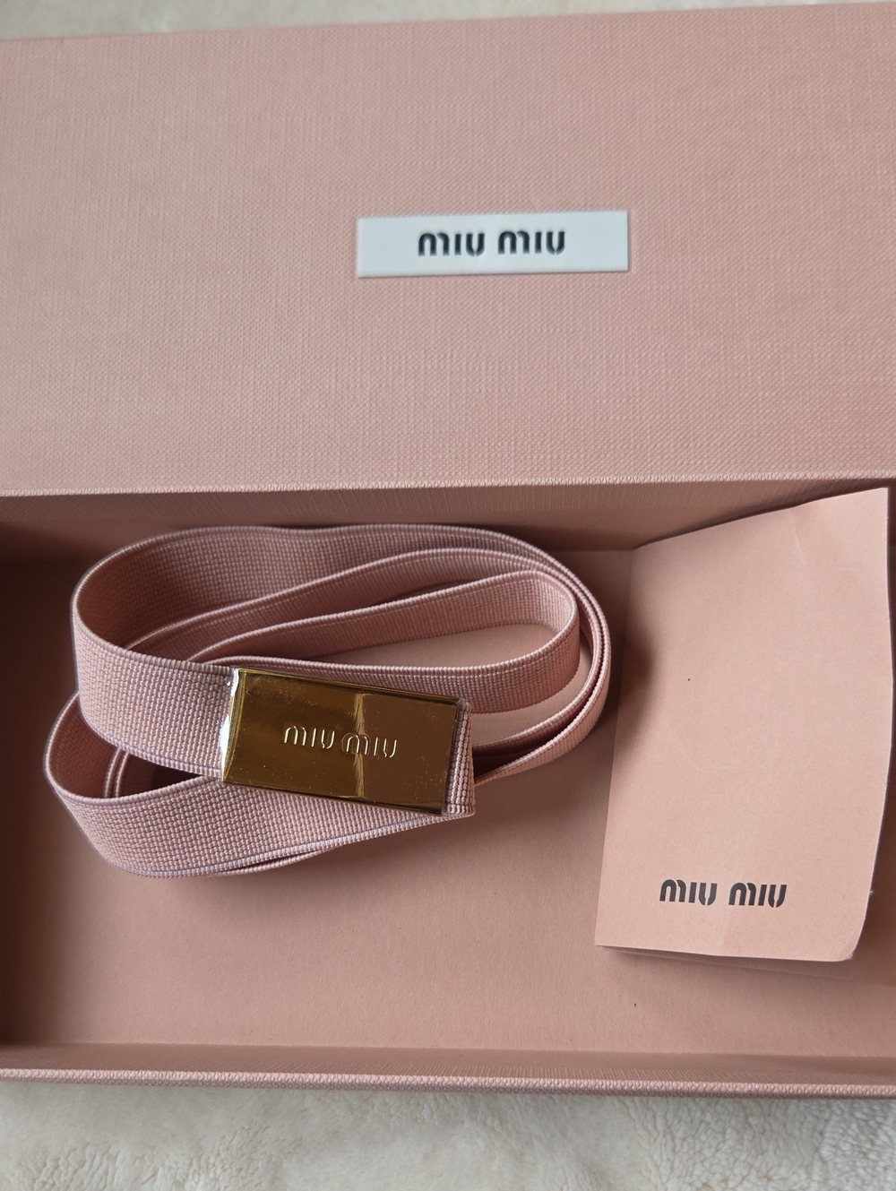 Miu Miu Blush Pink Elastic Strap with Gold-Tone Logo Belt